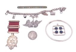 Mixed silver jewellery, to include a Masonic medal, a bangle, inscribed, a micro-mosaic brooch,