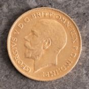 A George V half sovereign, bare head, reverse with St. George and The Dragon and dated 1912