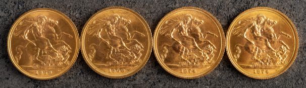 A cased group of four Elizabeth II Sovereigns. Comprising 1959, 1968 and two 1974.