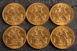 A Cased group of six George V Sovereigns. Comprising 1911, 1912, two 1913, 1915 and 1927.