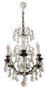 A metal and glass hung six light chandel