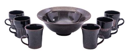 *Tim Andrews [b 1960] seven pieces of stoneware comprising a bowl with everted rim, 28cm diameter,