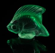 Three Lalique Cristal Poisson in light green, dark green and grey, 5.