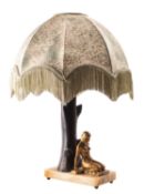 A Continental cold painted bronze, onyx and hardwood mounted table lamp,