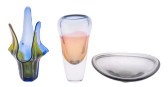 Five pieces of art glass comprising a Holgaard shallow bowl a pair of cobalt blue vases attributed