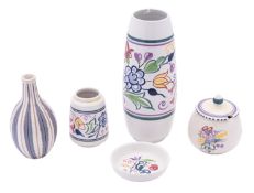 Five pieces of Poole pottery comprising three vases, a preserve pot and a pin tray,