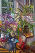 Karen Popham (British, b1956) - 'Corner of my studio with Orchid and Cineraria'