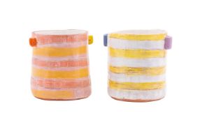 Linda Styles [b 1954] two terracotta Cornish Ware pots each of cylindrical form with vestigial lug