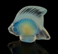 Three Lalique Cristal Poisson in clear, opalescent and blue, 5.