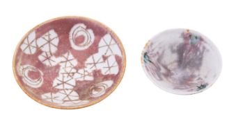 * Marianne de Trey [1913 - 2016] two small porcelain dishes, with painted polychrome decoration,