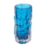 A Whitefriars bark vase in kingfisher blue after a design by Geoffrey Baxter, 15.5cm high.
