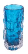 A Whitefriars bark vase in kingfisher blue after a design by Geoffrey Baxter, 15.5cm high.