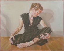 * Peter Mallison (British 1943-2025) - Elly in a black dress seated on the floor - Oil on canvas