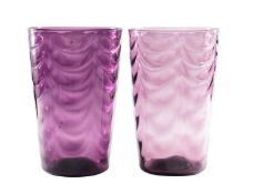 A pair of Whitefriars amethyst wave ribbed vases after a design by Marriott Powell, 25cm high.