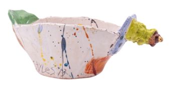 Linda Styles [b 1954] a terracotta jug with green lip and arbitrary lime handle,