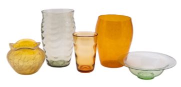 Five pieces of art glass comprising a Whitefriars sea green wave ribbed vase after a design by