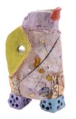 Linda Styles [b 1954] a terracotta jug of arbitrary form set on dice feet vividly coloured with