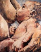 Mark Bell (British, Contemporary) - 'Mother and Child' - Acrylic on canvas - Signed lower left,