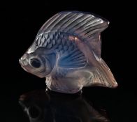 Three Lalique Cristal Poisson in light amethyst, amethyst and black,
