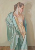 * Peter Mallison (British 1943-2025) - Elly with green silk drape - Oil on canvas - Signed lower