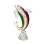 A Murano somerso fish in leaping pose the clear, amethyst and green banded body set on a clear base,