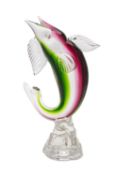 A Murano somerso fish in leaping pose the clear, amethyst and green banded body set on a clear base,