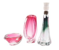 Three pieces of Val St Lambert glass comprising a somerso clear and ruby coloured vase of heavy