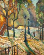 20th Century school - A boulevard with lamp posts - Oil on board - Indistinctly singed lower