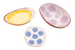 Linda Styles [b 1954] three terracotta shallow dishes each of oval form decorated with incised