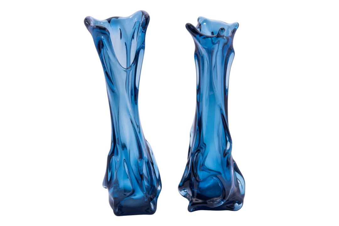 Five pieces of art glass comprising a Holgaard shallow bowl a pair of cobalt blue vases attributed - Image 2 of 2