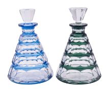 Charles Graffart for Val St Lambert a pair of cased decanters one with faceted blue and clear body