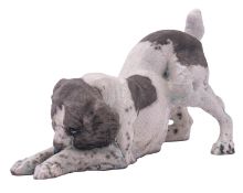 Keza Rudge [Contemporary] a raku fired sculpture of a playful spaniel with a ball, 30cm long,