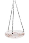 An opaque and red-flecked glass dish light,