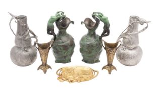 Three pairs of French Art Nouveau metal vases, circa 1900; one pair as ewers with figural handles,