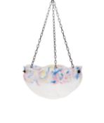 A moulded glass ceiling light shade, circa 1920s; of circular spiral-lobed form, mottled pink,
