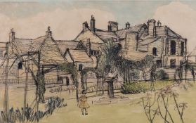 20th Century school-Study of a figure in gardens before a country building