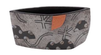 *John Maltby [1936 - 2020] a slab built stoneware vessel, of boat shaped form with painted,