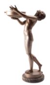 A Continental cold painted metal figural table lamp, circa early 1930s; modelled as a female nude,