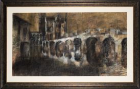 20th Century school - A view of a continental bridge, possibly the Roman Bridge, City of Cordoba,