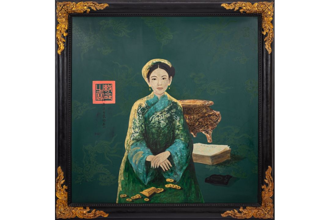 Bui Huu Hung (Vietnamese, b1957) - 'The Princess' - Lacquer on wood - 120 x 120.5cm, 143.5 x 143.