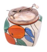 A Clarice Cliff Bizarre sugar bowl in the Oranges pattern of shouldered square form with chrome