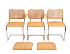A trio of wood, chromed metal and canework chairs in Marcel Brewer style, late 20th Century.