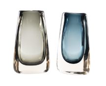 Two Whitefriars cased glass vases after a design by Geoffrey Baxter in indigo and willow, 25cm high.