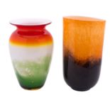 Two art glass vases one of altered or compressed form the cased body with speckled orange to brown