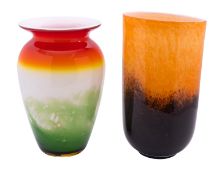 Two art glass vases one of altered or compressed form the cased body with speckled orange to brown