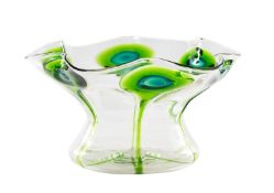 Stuart & Sons glass bowl of waisted circular form with undulate rim the exterior applied with green