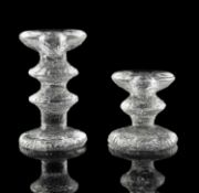 Six pieces of contemporary glass comprising two Iitalla Festivo candlesticks after a design by Timo