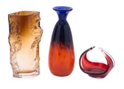Three pieces of Continental art glass comprising a Schneider vase of slender oviform with flaring