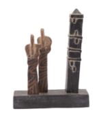 *John Maltby [1936 - 2020] a stoneware sculpture 'Two figures and a tower' modelled with a male and