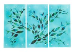 Jo Downs [Contemporary] a fused glass triptych comprising three rectangular panels of shoaling fish